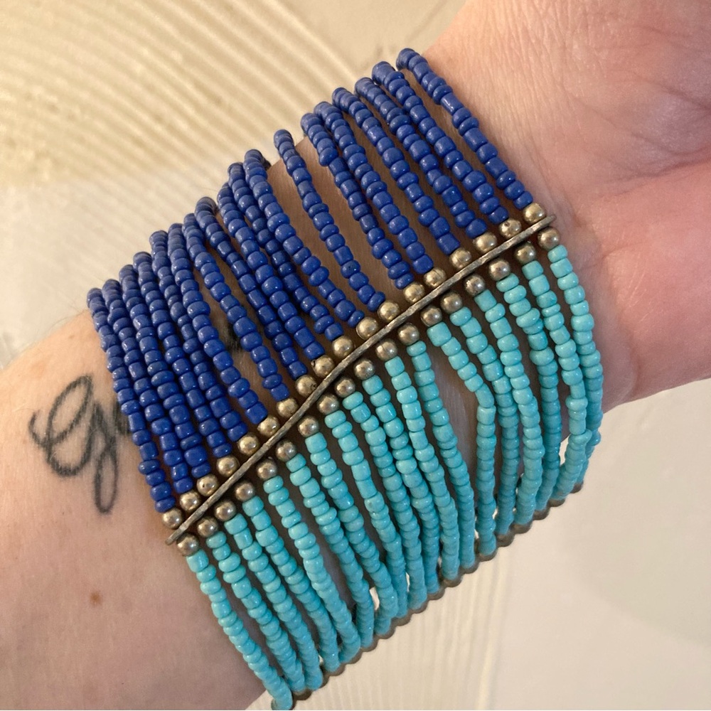 Turquoise and Blue Beaded Stretch Statement Bracelet